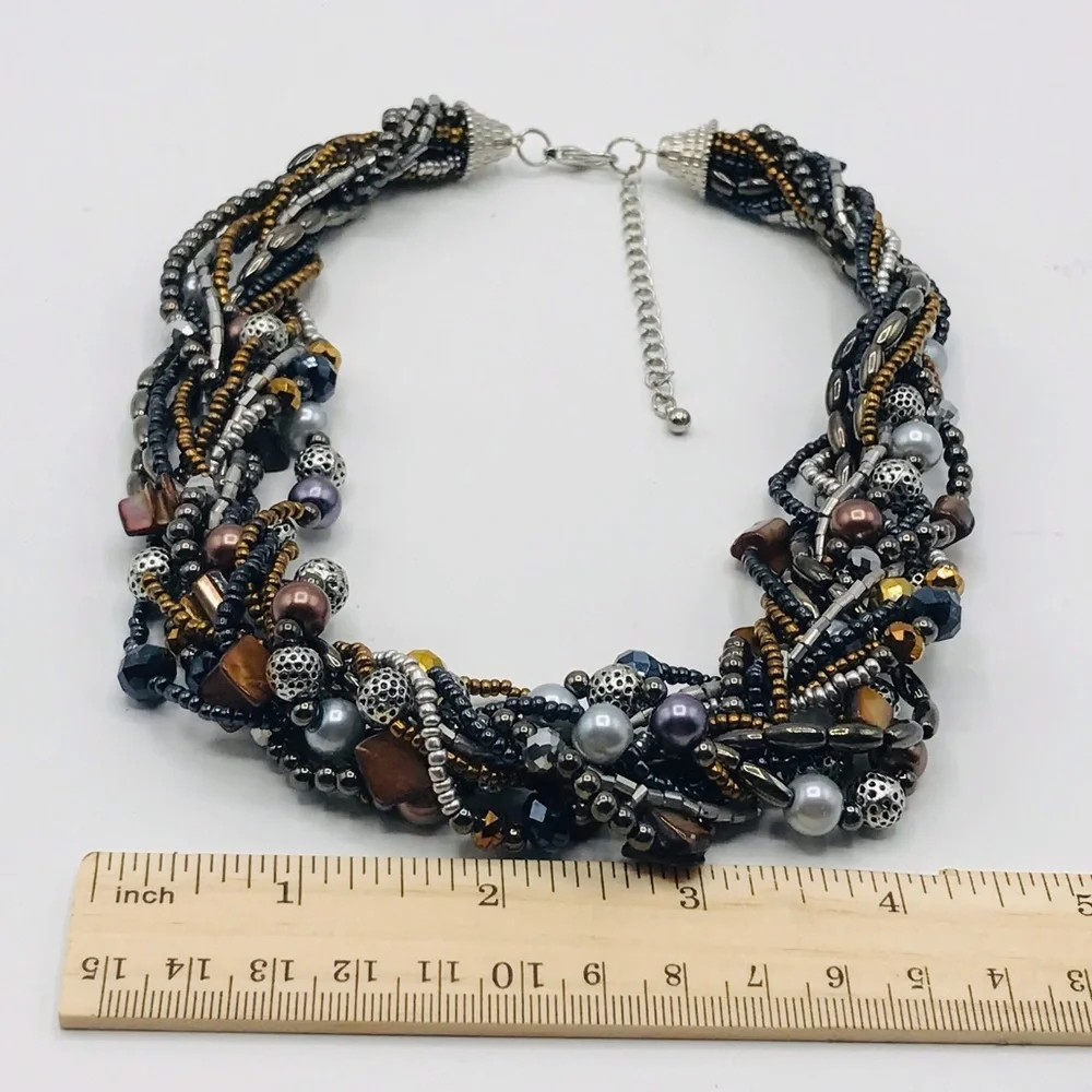 Multi-Strands multi color faux glass Pearl hematite tri Color necklace,